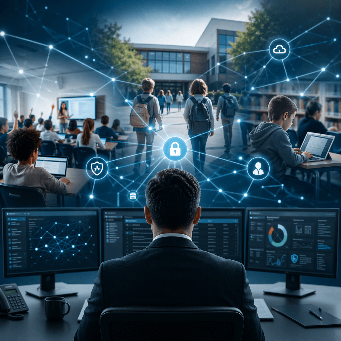 A person monitors cybersecurity data on screens, reflecting the K–12 CIO role, as students use laptops in a classroom and walk outside a school, with network security icons overlayed.