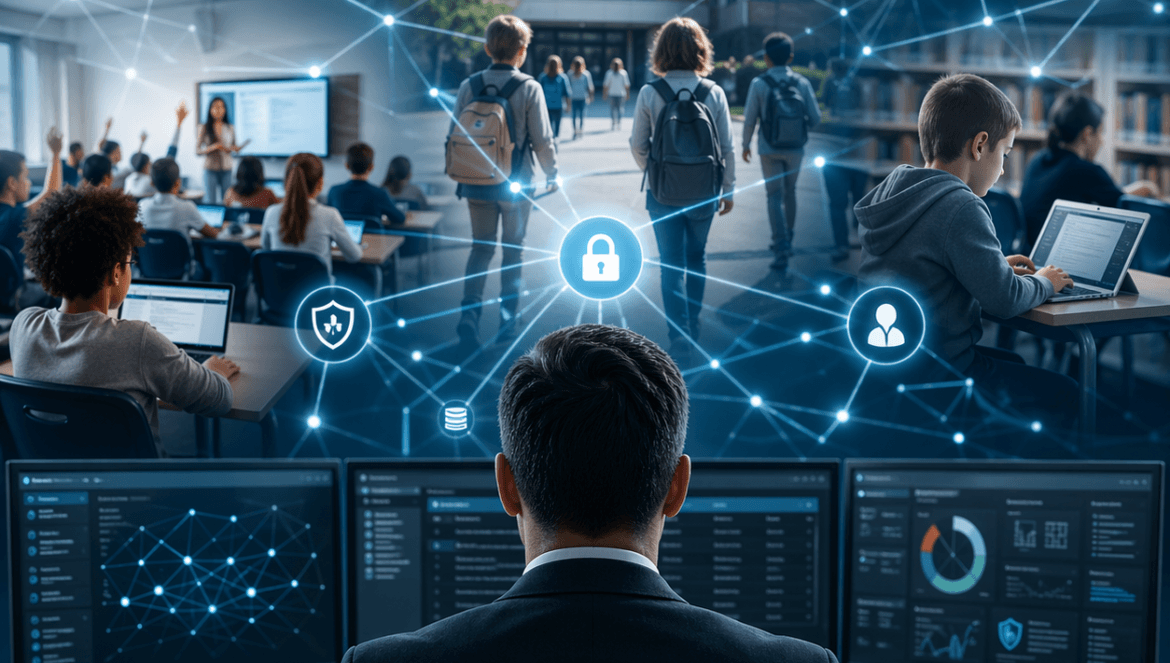 A person monitors cybersecurity data on screens, reflecting the K–12 CIO role, as students use laptops in a classroom and walk outside a school, with network security icons overlayed.