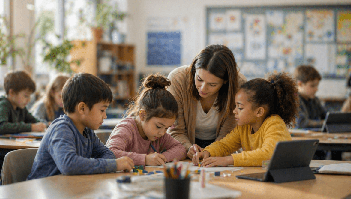 A teacher supports three young students with a learning design activity at a classroom table while other children work in the background