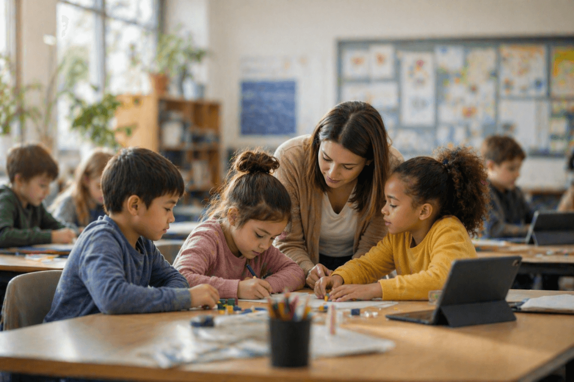 A teacher supports three young students with a Learning Design activity at a classroom table, while other children work in the background.