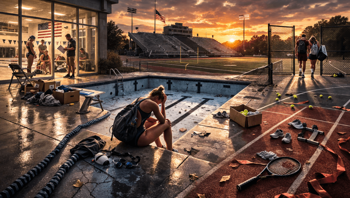 An outdoor sports facility at sunset with an empty pool, scattered tennis gear, and athletes resting or leaving; a quiet scene underscoring how NCAA Settlement Drives Olympic Sports Cuts, with stadium and American flags in the background.