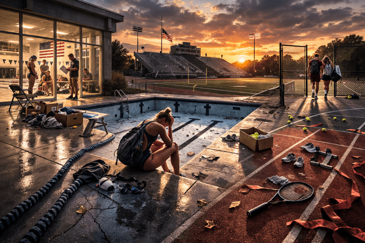 An outdoor sports facility at sunset with an empty pool, scattered tennis gear, and athletes resting or leaving; a quiet scene underscoring how NCAA Settlement Drives Olympic Sports Cuts, with stadium and American flags in the background.