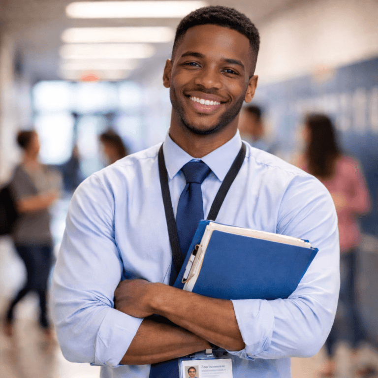 National Assistant Principals Week: an assistant principal in a shirt and tie smiles in a school hallway holding folders