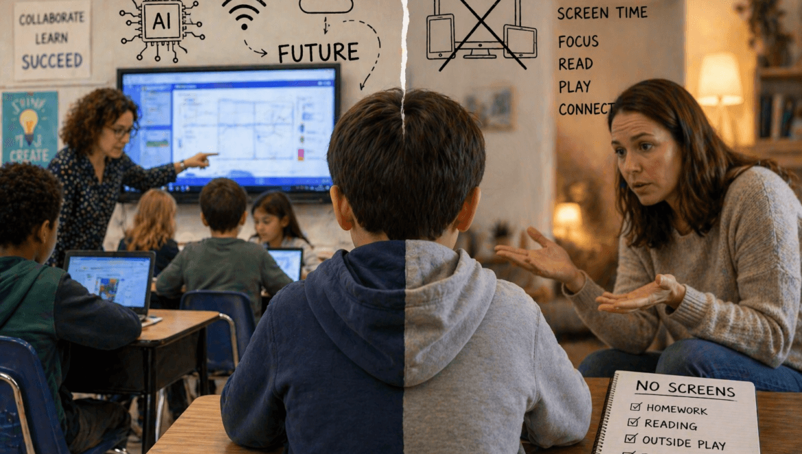 A classroom split in half shows students using laptops with a teacher on one side and a woman discussing limited screen time with a child on the other illustrating the parent school divide in views on technology use