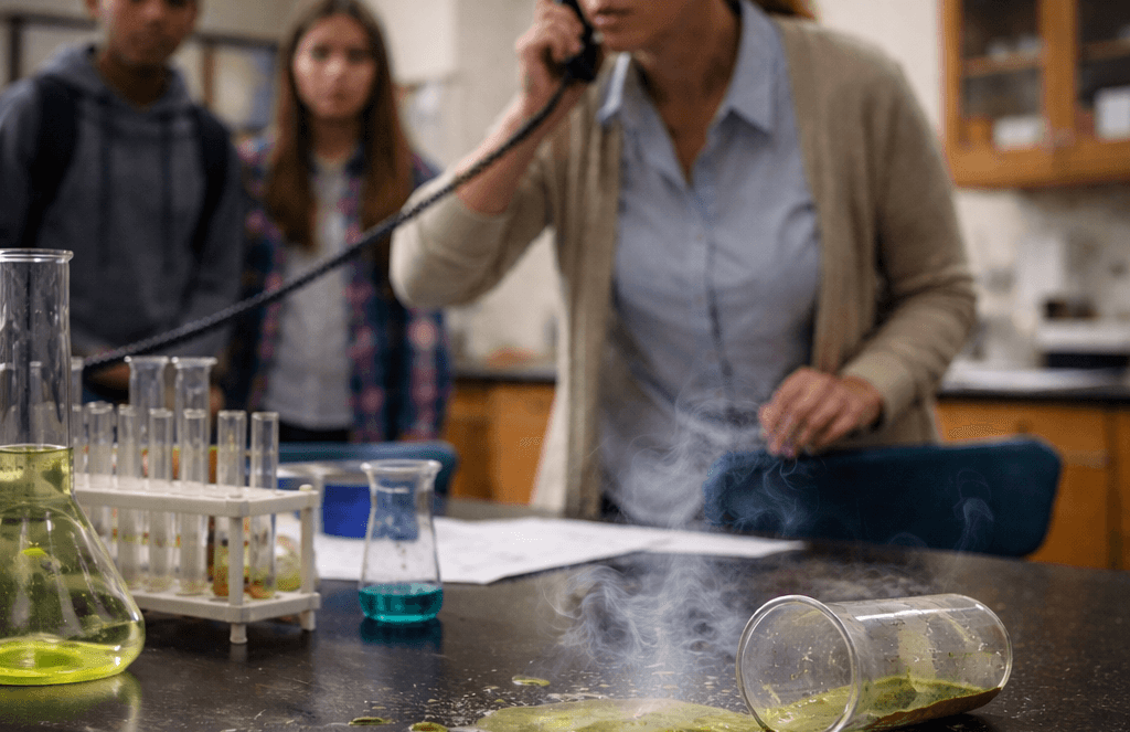 A spilled beaker with yellow liquid produces smoke on a lab table as a concerned woman discusses school safety communication on the phone, with two students watching in the background.