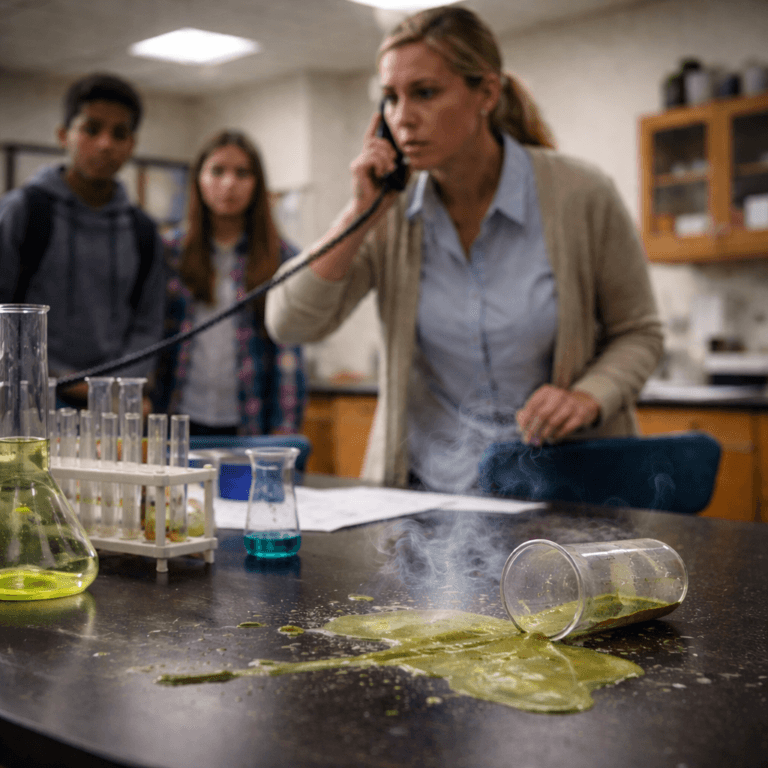A spilled beaker with yellow liquid produces smoke on a lab table as a concerned woman discusses school safety communication on the phone, with two students watching in the background.