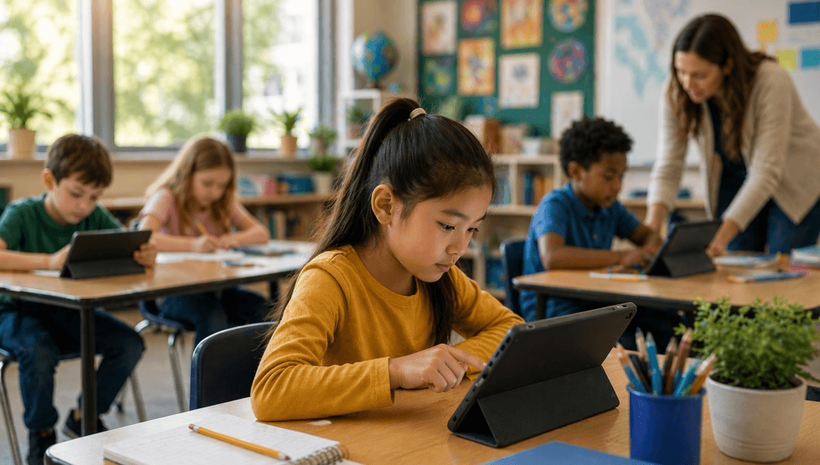 Elementary school students use tablets at their desks in a classroom, with a teacher assisting a student in the background, promoting balanced screen time for learning.