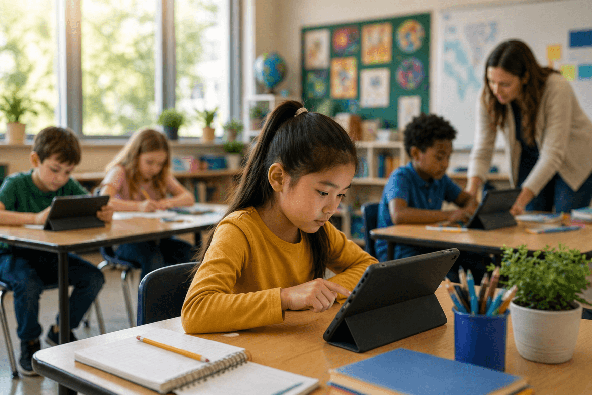 Elementary school students use tablets at their desks in a classroom, with a teacher assisting a student in the background, promoting balanced screen time for learning.