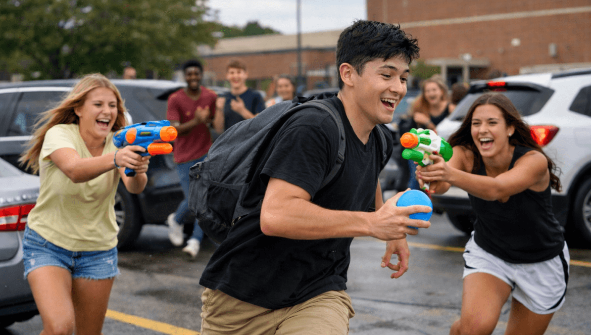 A young man runs through a parking lot with a water balloon while two young women chase him with water guns; several people watch and smile in the background, highlighting the Senior Tag risks schools can’t ignore.