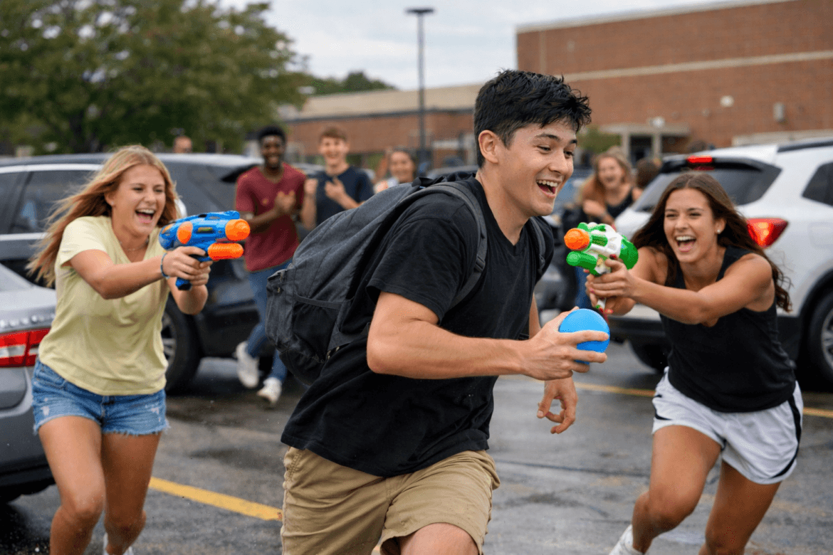 A young man runs through a parking lot with a water balloon while two young women chase him with water guns; several people watch and smile in the background, highlighting the Senior Tag risks schools can’t ignore.