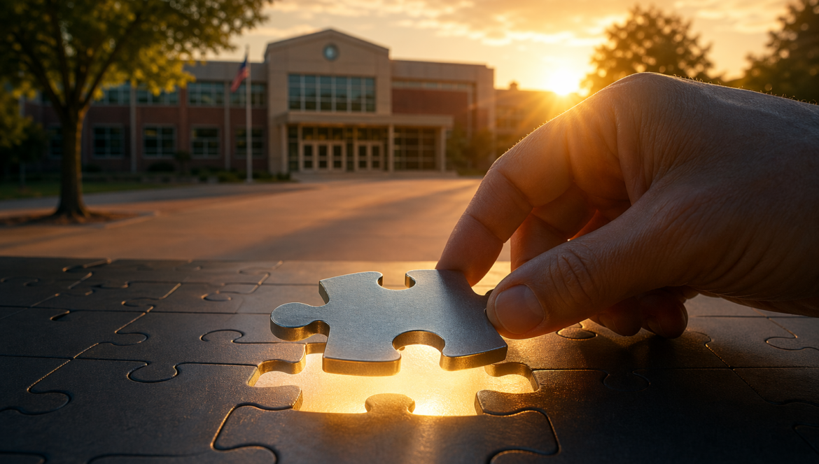 A hand places the final puzzle piece into a puzzle, sunlight shining through in front of a modern brick building at sunrise—capturing lessons like those from What 15 Episodes Taught Us About School Safety.