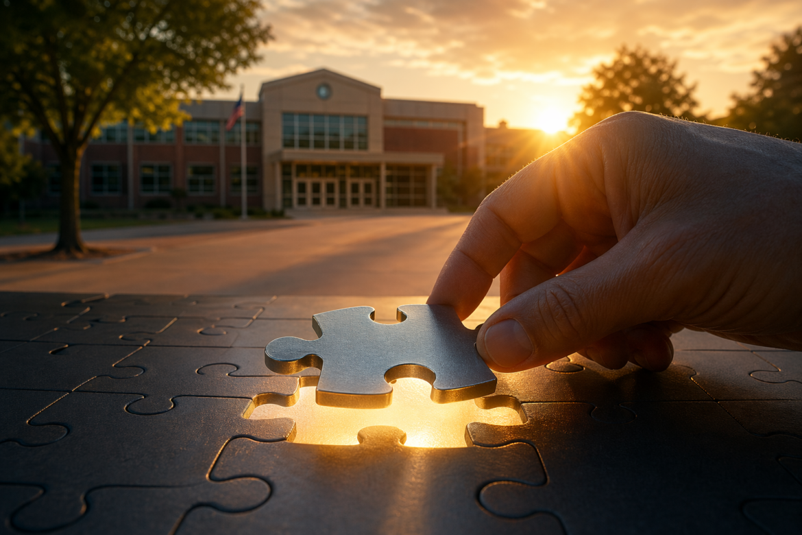 A hand places the final puzzle piece into a puzzle, sunlight shining through in front of a modern brick building at sunrise—capturing lessons like those from What 15 Episodes Taught Us About School Safety.