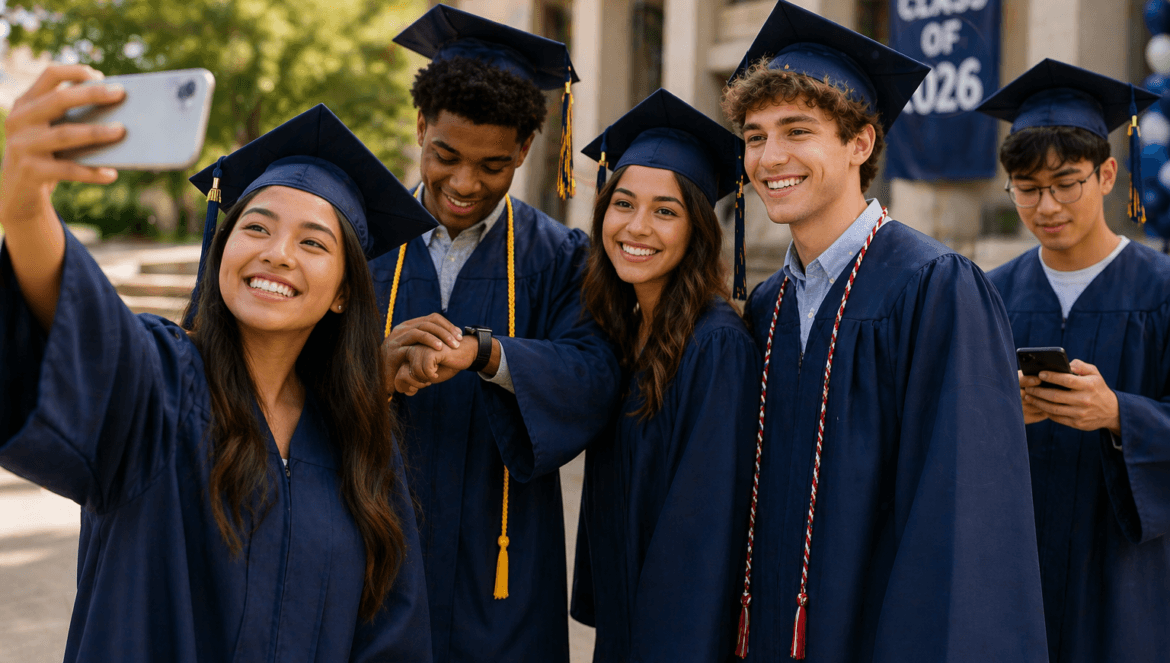 A group of students in graduation caps and gowns take a selfie outdoors, proudly standing beneath a "class of 2026" banner in the background.