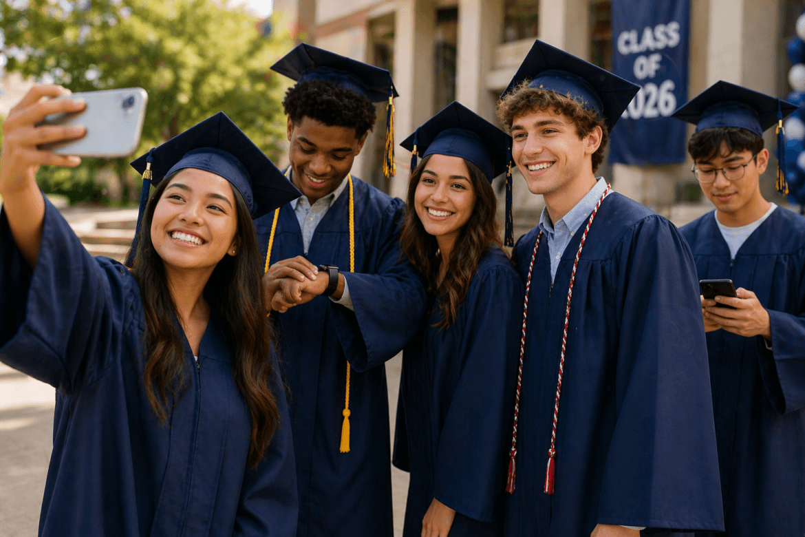 A group of students in graduation caps and gowns take a selfie outdoors, proudly standing beneath a "class of 2026" banner in the background.