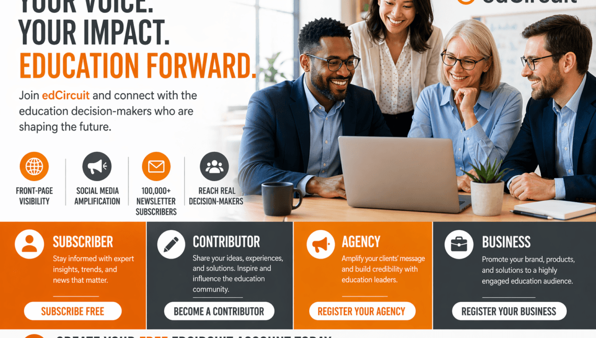 Four professionals gather around a laptop, smiling, with edCircuit branding and informational text about engaging with education decision-makers through various roles on the edCircuit platform.