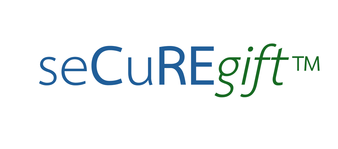 Securegift logo with blue re and green gift lettering on a white background including ™ symbol