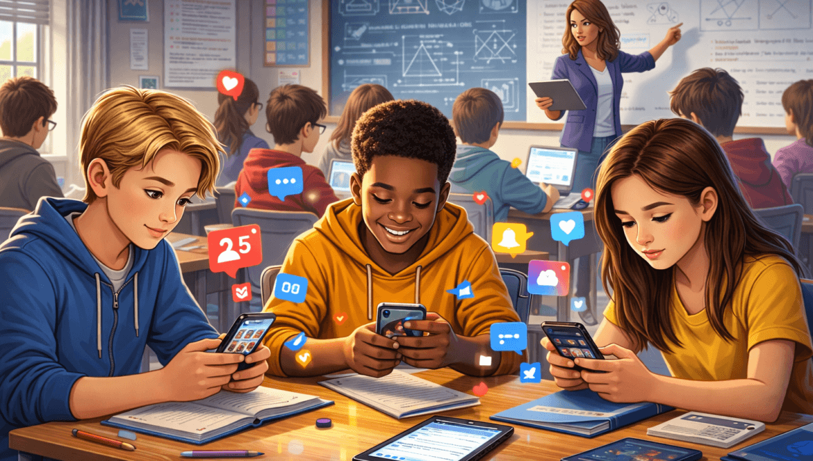 Students in a classroom use smartphones with social media notifications visible, highlighting the challenge of student attention as a teacher instructs at the board in the background.