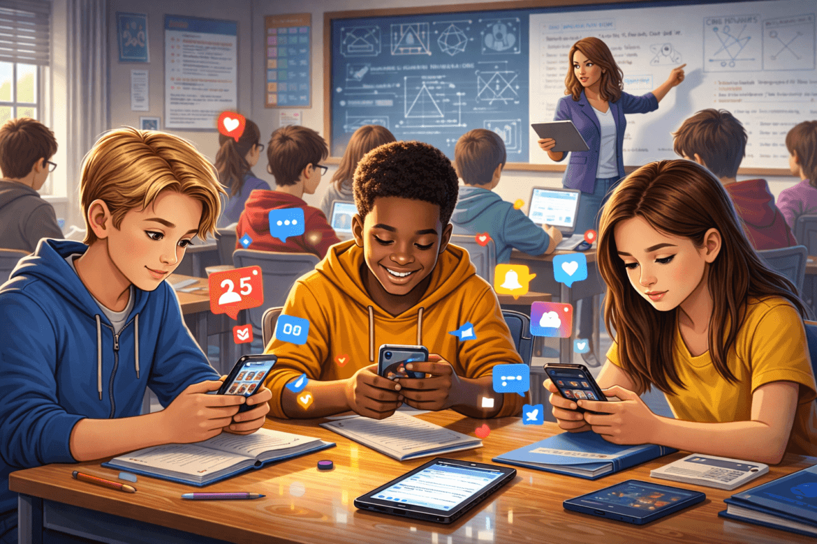 Students in a classroom use smartphones with social media notifications visible, highlighting the challenge of student attention as a teacher instructs at the board in the background.