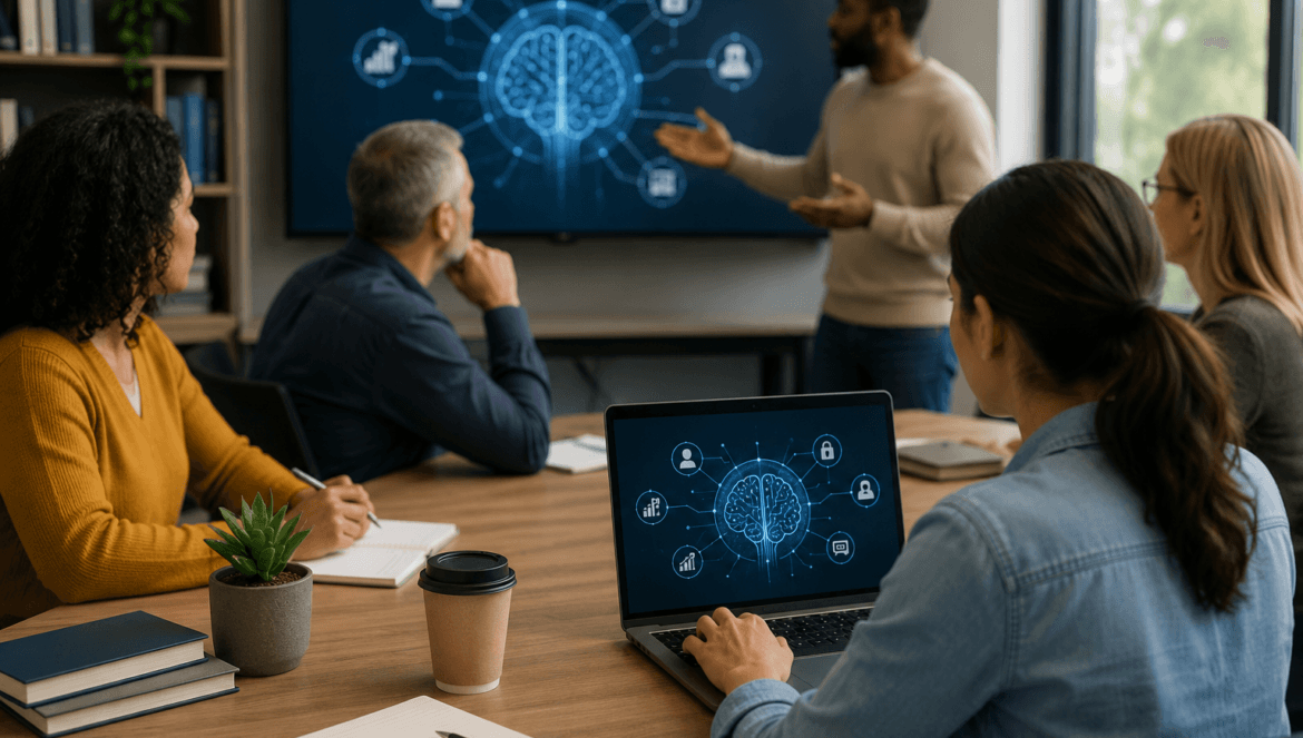 A man gives a presentation about artificial intelligence and ai boot camps for educators to a group in a conference room with a brain graphic on the screen and similar graphics on participants laptops