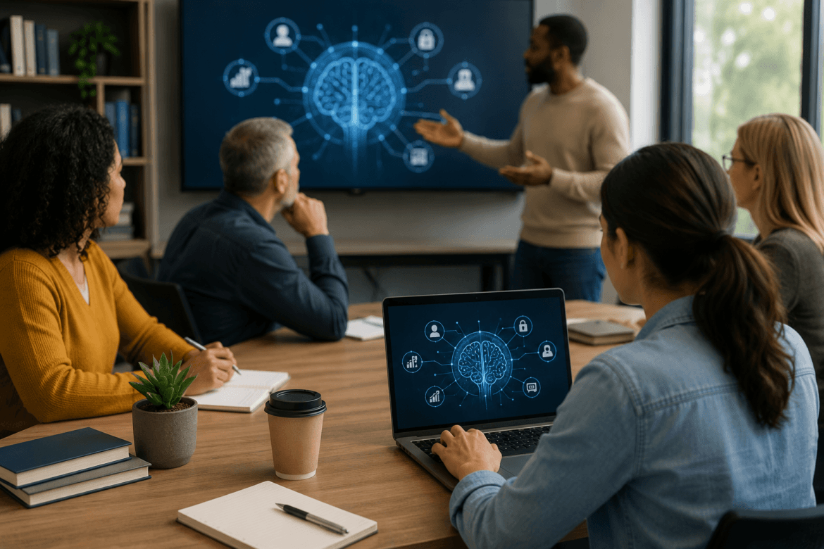 A man gives a presentation about artificial intelligence and AI Boot Camps for Educators to a group in a conference room, with a brain graphic on the screen and similar graphics on participants' laptops.