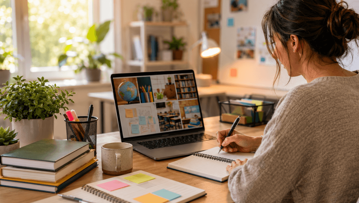 A woman sits at a desk taking notes in a notebook while watching an ai lesson planning educational video on her laptop books stationery and a mug are also on the desk | edcircuit A woman sits at a desk taking notes in a notebook while watching an ai lesson planning educational video on her laptop books stationery and a mug are also on the desk