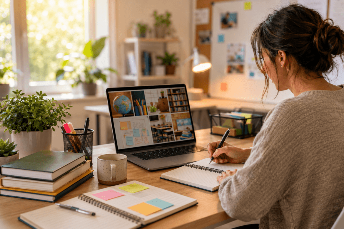 A woman sits at a desk taking notes in a notebook while watching an AI Lesson Planning educational video on her laptop; books, stationery, and a mug are also on the desk.