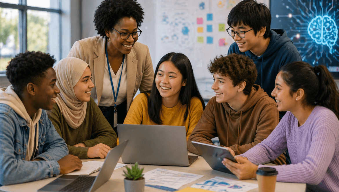 A group of students sit around a table with laptops and papers, smiling and talking about AI Policy in Schools, while an adult stands nearby, also smiling.