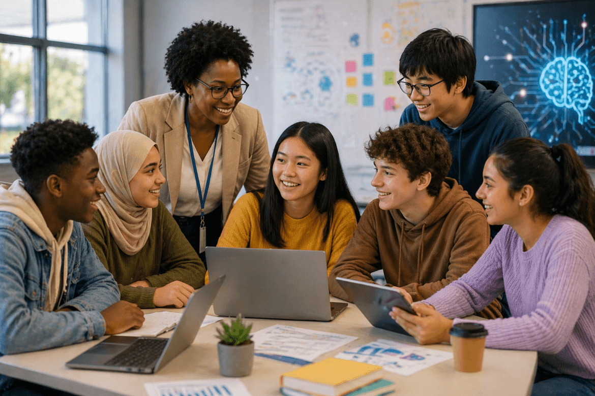 A group of students sit around a table with laptops and papers, smiling and talking about AI Policy in Schools, while an adult stands nearby, also smiling.