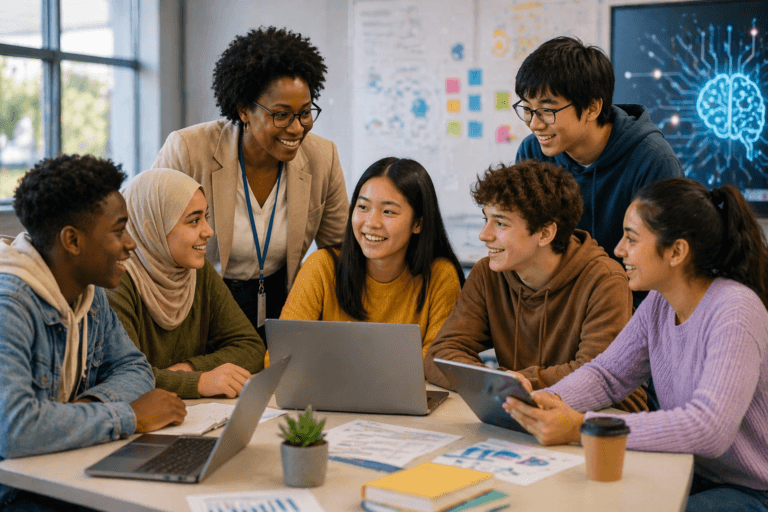 A group of students sit around a table with laptops and papers, smiling and talking about AI Policy in Schools, while an adult stands nearby, also smiling.