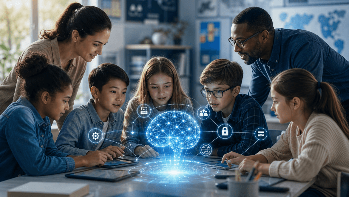 A group of students and two teachers look at tablets around a table, with a digital brain hologram and technology icons projected above them, highlighting the impact of AI in education.