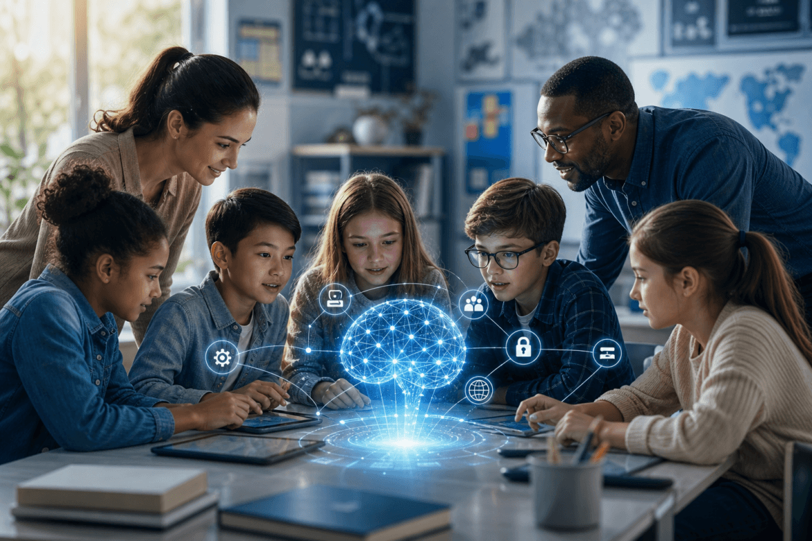 A group of students and two teachers look at tablets around a table, with a digital brain hologram and technology icons projected above them, highlighting the impact of AI in education.