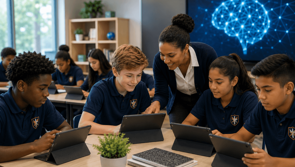 A teacher assists students using tablets in a modern classroom showcasing the impact of ai in charter schools with a digital brain graphic displayed on the screen in the background