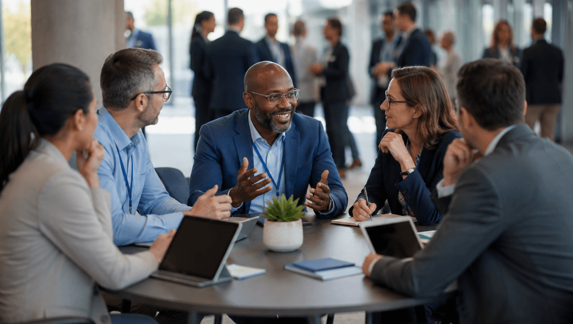 Five business professionals sit around a table in discussion, with laptops and notebooks displaying CoSN resources, while other groups converse in the background of a modern office space.