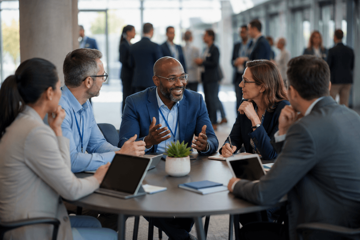Five business professionals sit around a table in discussion, with laptops and notebooks displaying CoSN resources, while other groups converse in the background of a modern office space.