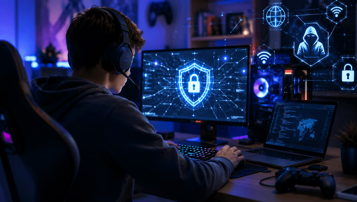 A person wearing headphones uses a computer with cybersecurity careers graphics on the screen surrounded by gaming equipment and digital security icons in a dark illuminated room