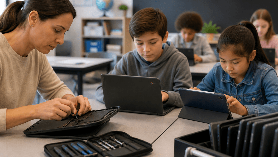 A teacher handles device maintenance by repairing a tablet as students work on their own tablets at their desks in a classroom setting.