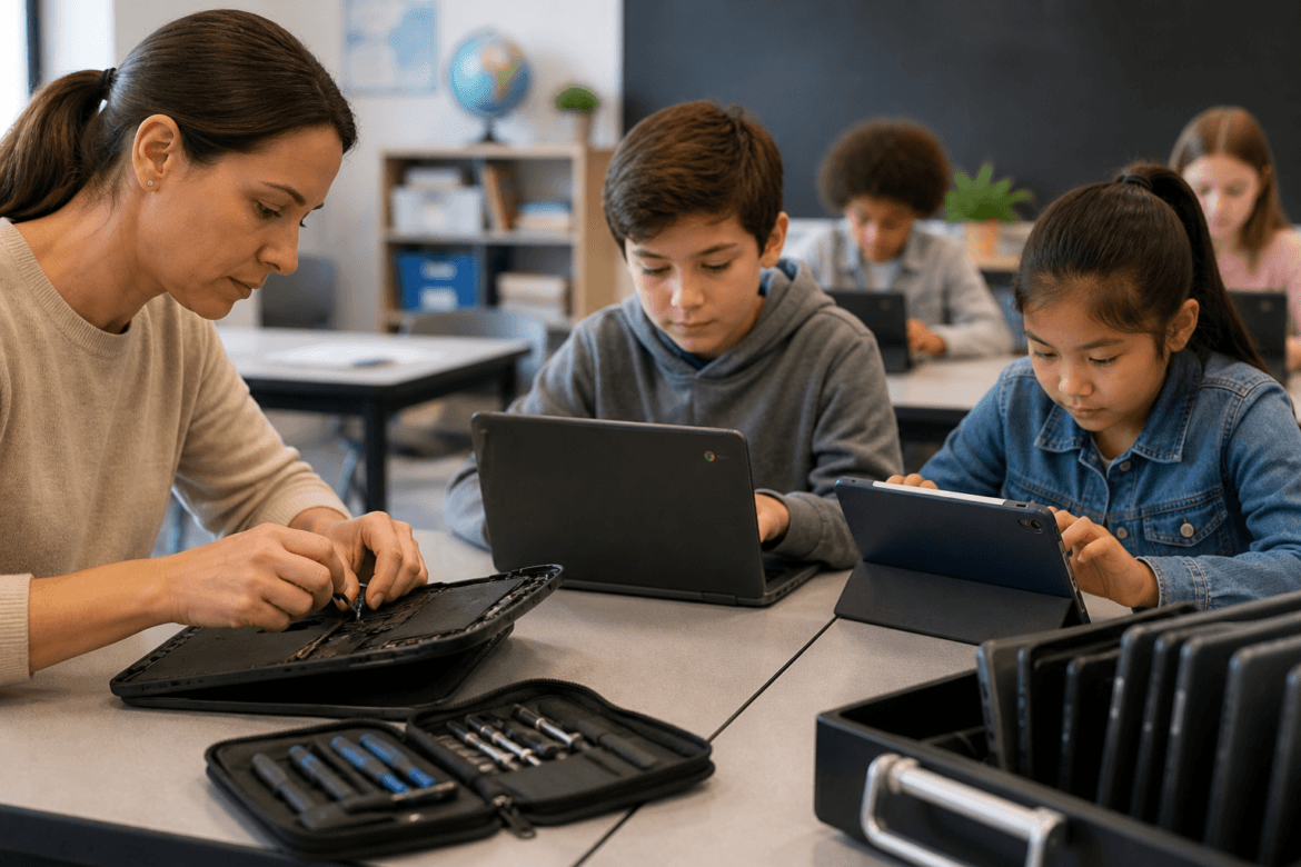 A teacher handles device maintenance by repairing a tablet as students work on their own tablets at their desks in a classroom setting.