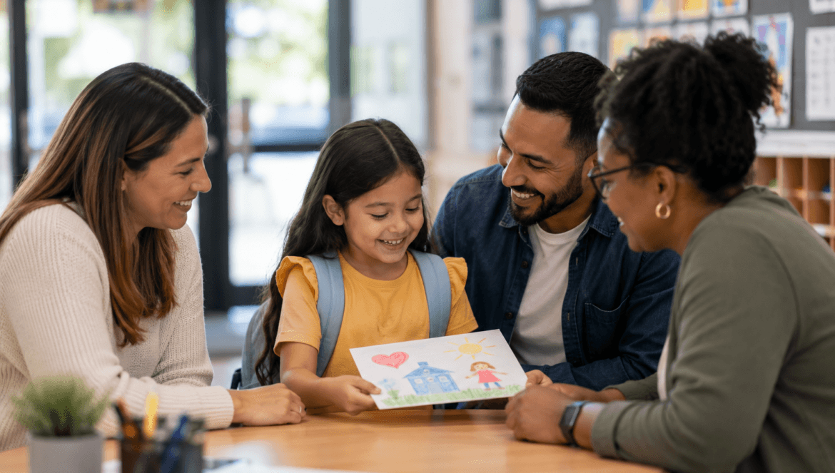 A young girl shows a colorful drawing to three adults while sitting at a round table in a classroom, moving from communication to connection through her art.