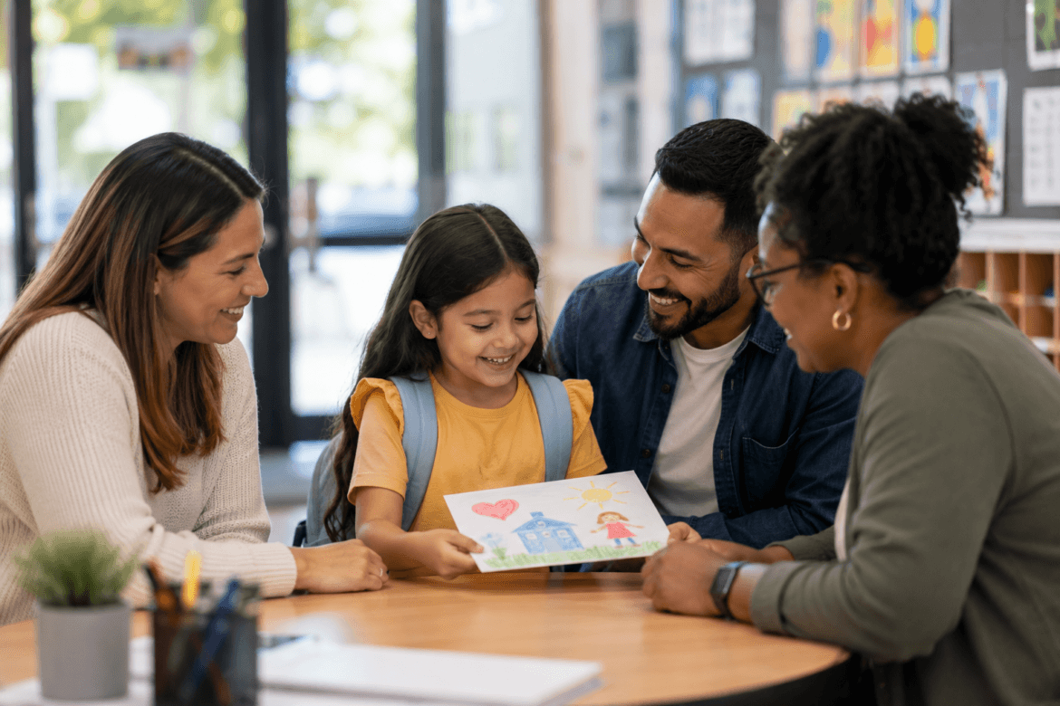 A young girl shows a colorful drawing to three adults while sitting at a round table in a classroom, moving from communication to connection through her art.