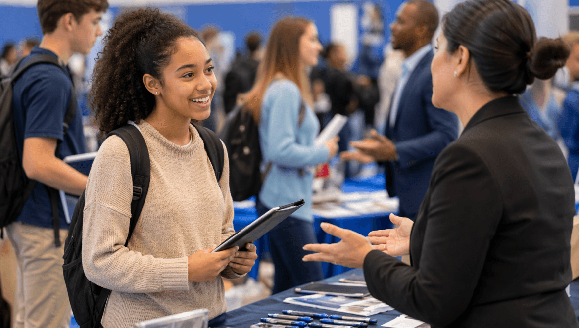 A young woman holding a folder speaks with a professional at a booth during a busy high school career fair. Other people visit tables and interact in the background.