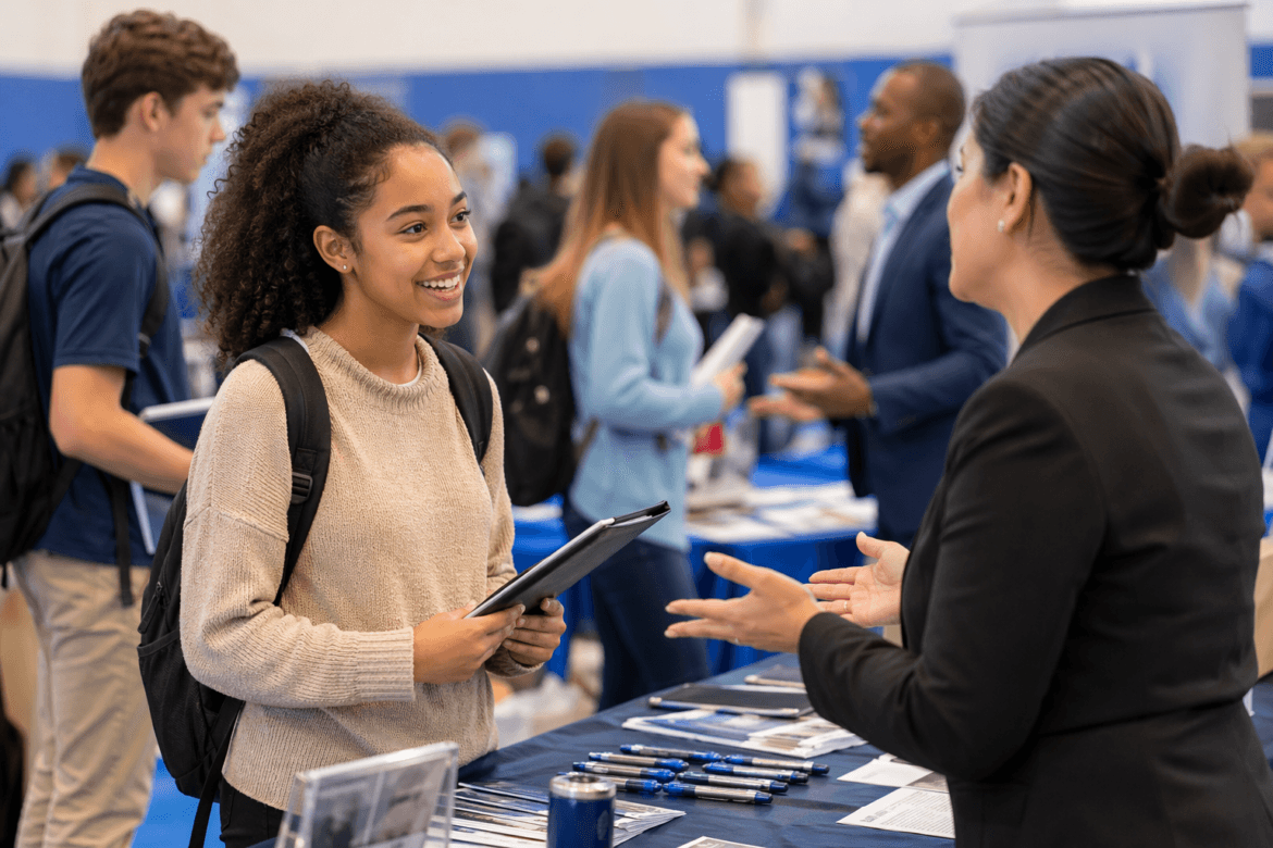 A young woman holding a folder speaks with a professional at a booth during a busy high school career fair. Other people visit tables and interact in the background.
