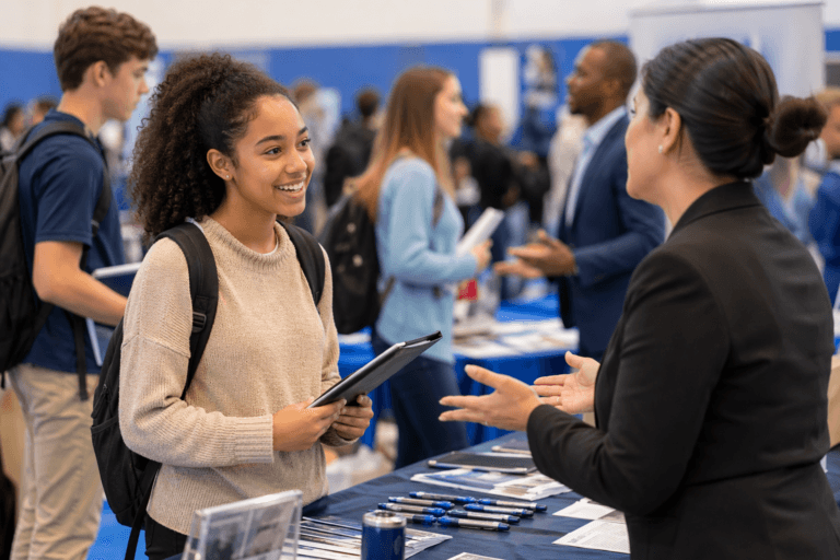 A young woman holding a folder speaks with a professional at a booth during a busy high school career fair. Other people visit tables and interact in the background.
