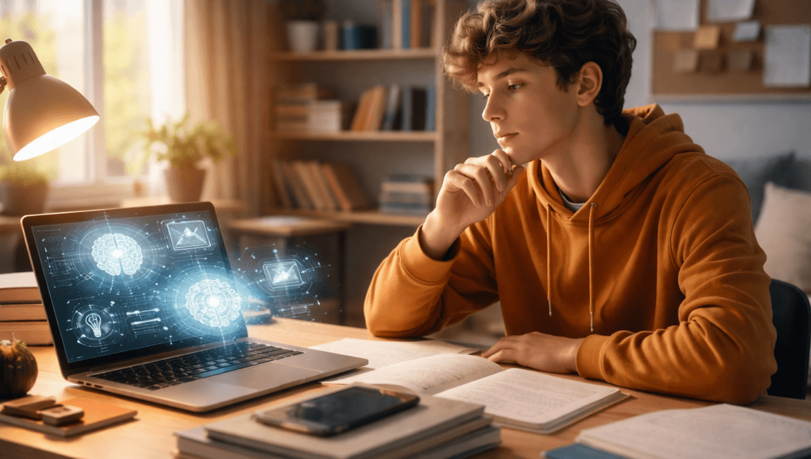 A young person in a yellow hoodie studies at a desk with a laptop displaying digital brain graphics, surrounded by books and notebooks—an inspiring scene of homework in the AI era, set in a well-lit room.