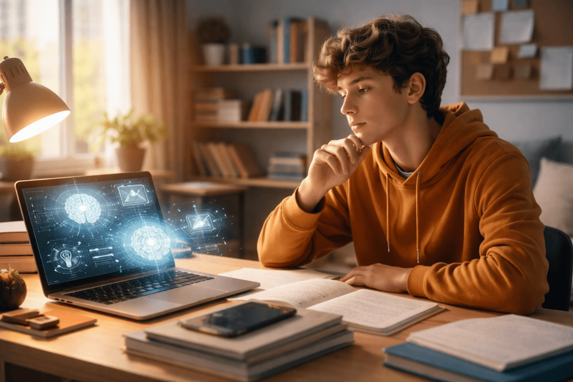 A young person in a yellow hoodie studies at a desk with a laptop displaying digital brain graphics, surrounded by books and notebooks—an inspiring scene of homework in the AI era, set in a well-lit room.