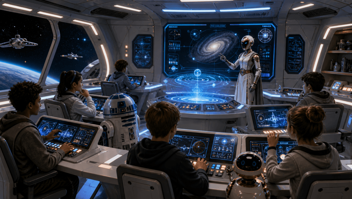 A group of children sit at control panels in a futuristic spaceship classroom, watching a robot teacher present a holographic galaxy. Spaceships and stars are visible through the windows.