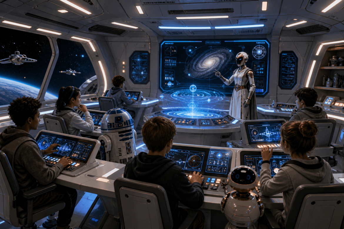 A group of children sit at control panels in a futuristic spaceship classroom, watching a robot teacher present a holographic galaxy. Spaceships and stars are visible through the windows.