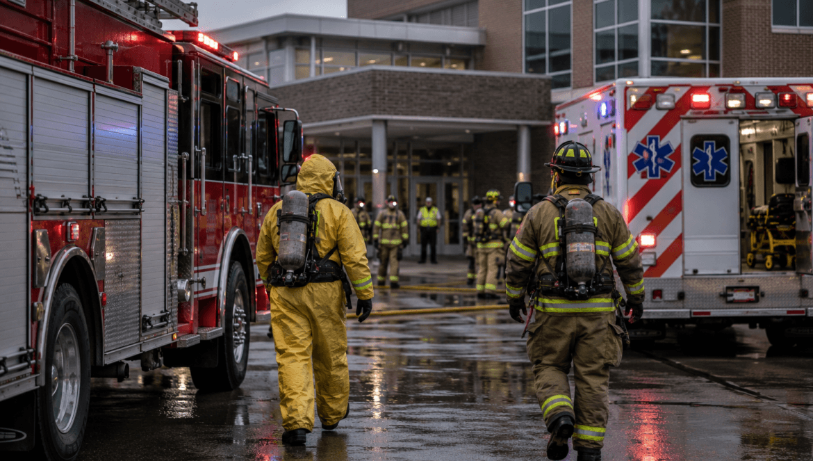 Firefighters and emergency personnel respond outside a building with a fire truck and ambulance present on a wet day, highlighting the importance of Lab Safety Lessons in preventing such emergencies.