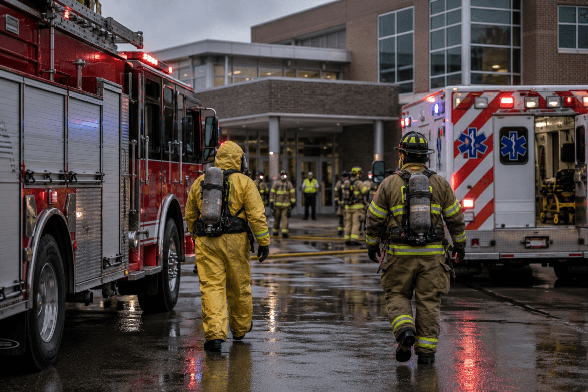 Firefighters and emergency personnel respond outside a building with a fire truck and ambulance present on a wet day, highlighting the importance of Lab Safety Lessons in preventing such emergencies.