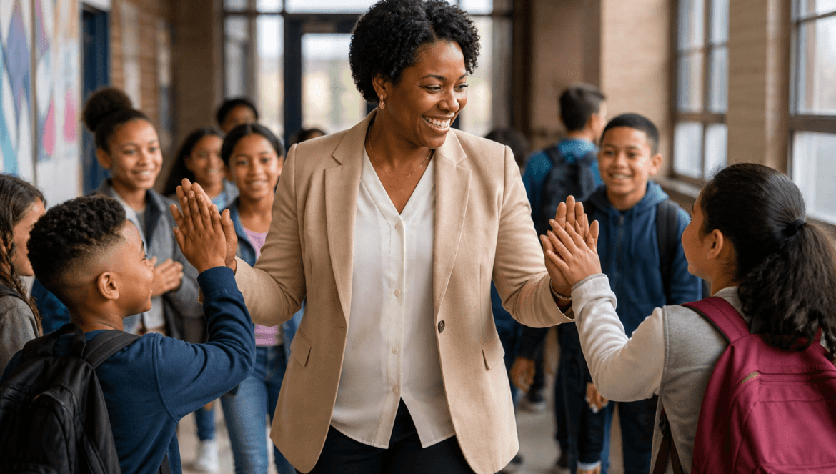 A teacher walks down a school hallway smiling and giving high-fives to a group of students carrying backpacks, celebrating National Principals’ Day with contagious school spirit.