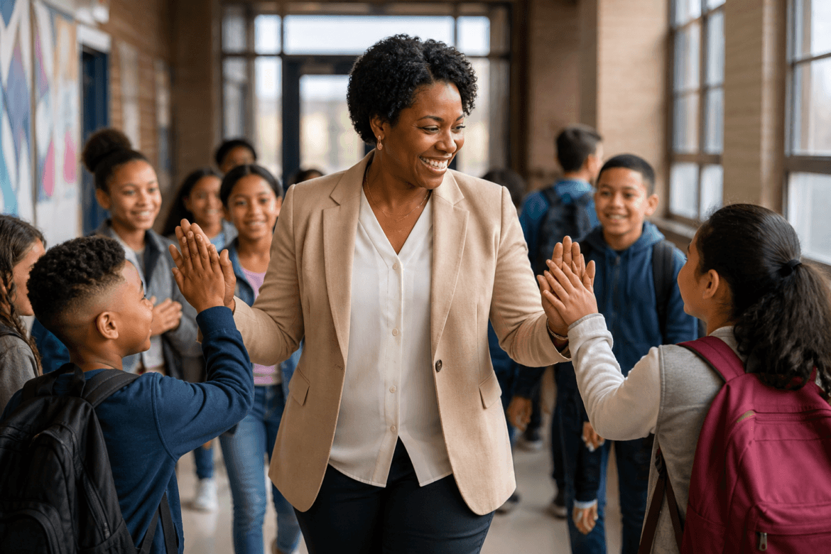 A teacher walks down a school hallway smiling and giving high-fives to a group of students carrying backpacks, celebrating National Principals’ Day with contagious school spirit.